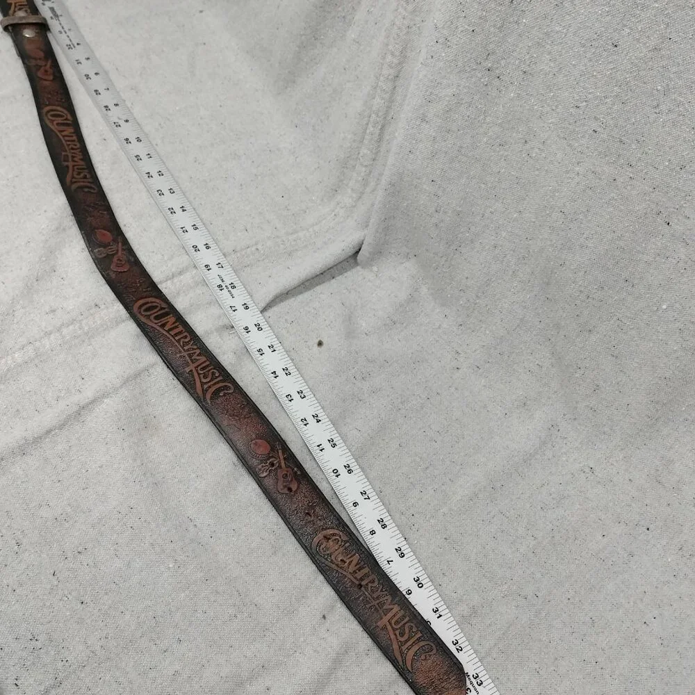 Vintage 80s Tooled Guitar Banjo Fiddle Country Music Brown Leather Belt XS Small